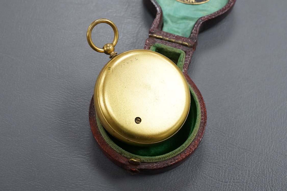 A pocket aneroid barometer by J. Watts, Optician, Dublin, in a fitted leather case with a label for ‘T. Mason, Optician, 5, Dame Street, Dublin’, to the inside of the lid.